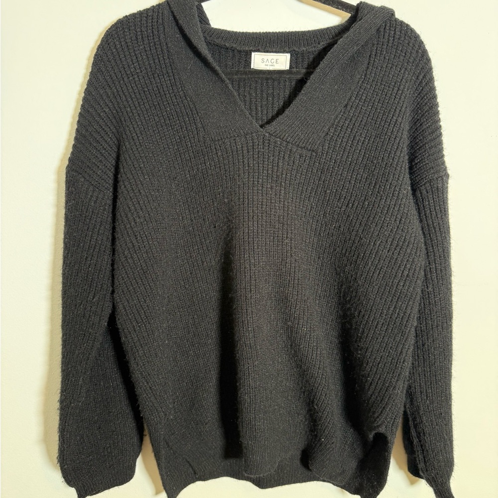 Sage The Label‎ Black Ribbed Knit Collared Sweater | Size L